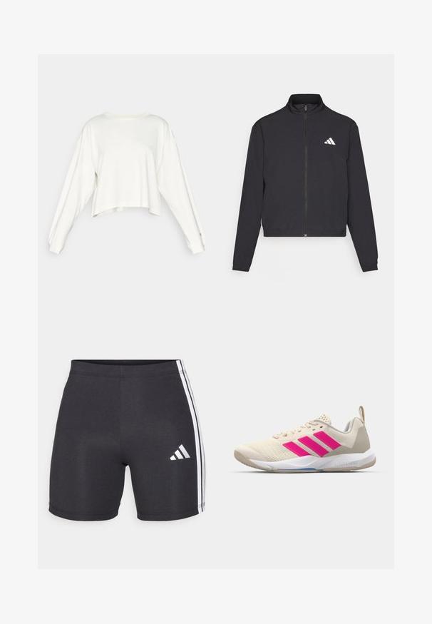 adidas Performance TRAIN ESSENTIALS 3 STRIPES WARM UP - Training jacket - black/white; White cropped long-sleeve sweatshirt, featuring a relaxed fit, ribbed cuffs, and a small logo on the chest. Soft fabric with a smooth texture.; Black athletic shorts made of stretch fabric, featuring white side stripes and an Adidas logo on the lower right leg. Smooth texture.; Beige athletic shoe with pink three-stripe logo, textured mesh upper, padded collar, and white rubber sole, featuring "LIGHTSTRIKE" branding.