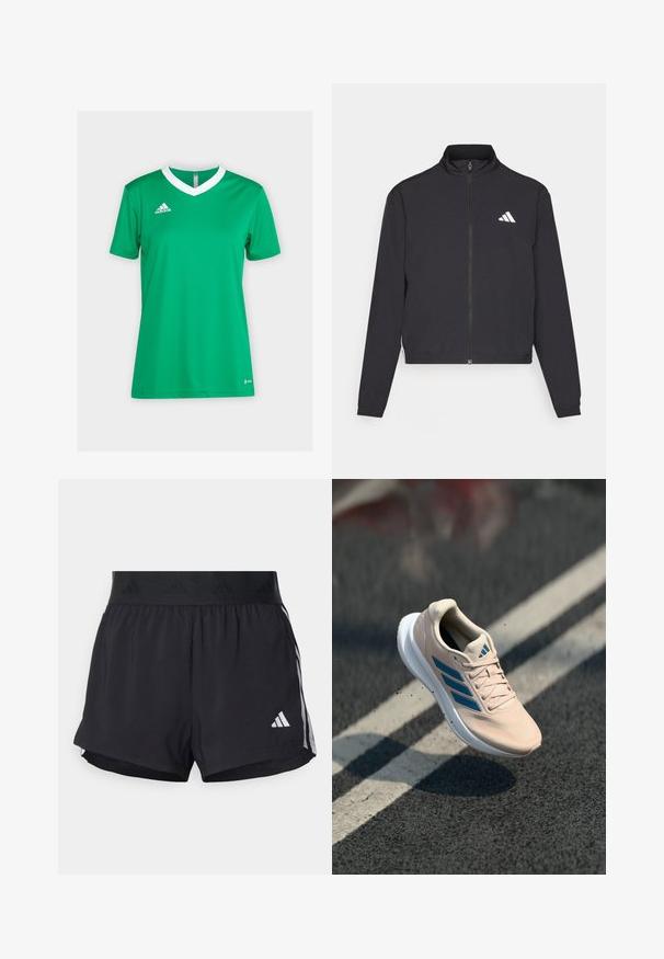 adidas Performance TRAIN ESSENTIALS 3 STRIPES WARM UP - Sportinė striukė - black/white; Žalias sportinis marškinėlis su balta V formos apykakle ir trumparankoviais. Pagamintas iš pralaidaus audinio, ant kairiojo krūtinės yra Adidas logotipas.; Juodos sportinės šortai su elastinga juosta, su tekstūruota juosta, šoninėmis juostelėmis ir baltu Adidas logotipu apatinėje dalyje.; Šviesiai rožiniai sportiniai batai su mėlynomis detalėmis, tinklelio viršumi, raišteliais užsisegama konstrukcija ir balta pado dalimi. Ant šono yra trijų dryžių logotipo detalė.