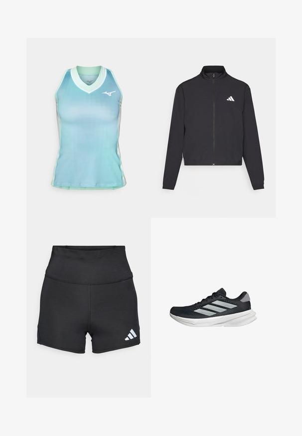 adidas Performance TRAIN ESSENTIALS 3 STRIPES WARM UP - Tréningová bunda - black/white; Tenká pruhovaná dámska neoprénová košieľka so sýto modrým farebným prechodom, vyrobená z hladkej látky. Má výstrih do V, kontrastné biele lemovanie a malú značku na hrudi.; adidas Performance Legíny - black; Čierna behacia obuv s vrchnou časťou z priedušného materiálu, tromi striebornými pruhmi, bielou medzipodrážkou a textúrovanou podrážkou. Obsahuje polstrovaný golier a uzatváranie na šnúrky.