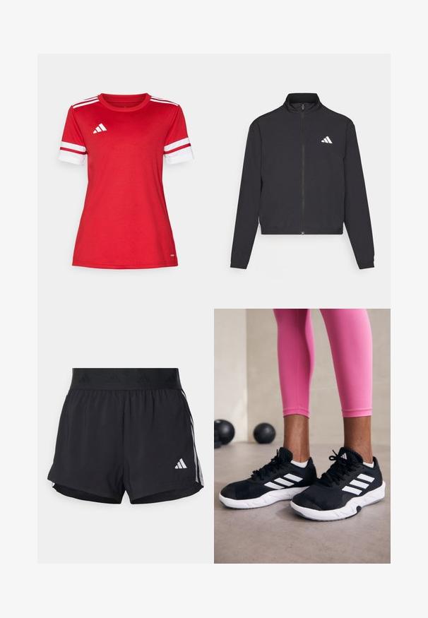 adidas Performance ESSENTIALS 3 STRIPES czarny; Czerwona koszulka sportowa wykonana z miękkiego materiału, z białymi paskami na krótkich rękawach, okrągłym dekoltem i logo adidas na lewej piersi.; Czarne sportowe szorty z elastycznym paskiem w talii, z teksturowanym pasem, bocznymi paskami oraz białym logo Adidas na dolnym brzegu.; Czarne sportowe buty z białymi paskami, teksturowana siateczkowa cholewka i biała podeszwa. Nosi je osoba w różowych legginsach, prezentując odzież treningową.