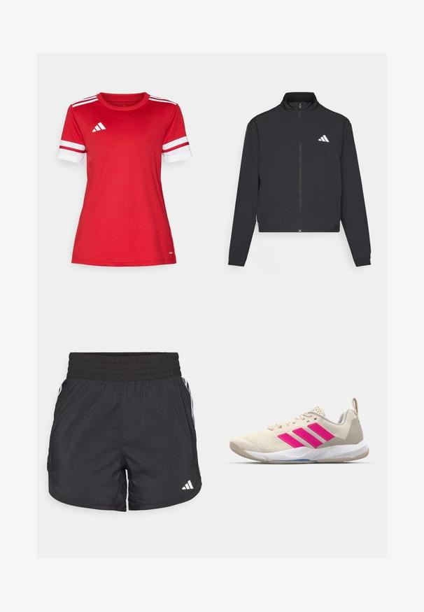 adidas Performance TRAIN ESSENTIALS 3 STRIPES WARM UP - Giacca sportiva - black/white; Maglia sportiva rossa realizzata in tessuto morbido, con strisce bianche sulle maniche corte, colletto a girocollo e logo adidas sul lato sinistro del petto.; Pantaloni sportivi neri con elastico in vita, tasche laterali e strisce bianche ai lati. Realizzati in materiale leggero.; Scarpa sportiva beige con logo a tre strisce rosa, tomaia in rete testurizzata, collo imbottito e suola in gomma bianca, con il marchio "LIGHTSTRIKE".