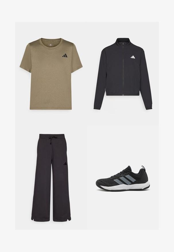 adidas Performance TRAIN ESSENTIALS 3 STRIPES WARM UP - Tréningová bunda - black/white; Olivovo zelené tričko s krátkym rukávom vyrobené z hladkého materiálu, s čiernym logom na ľavej hrudi a s okrúhlym výstrihom.; Čierne tepláky s voľným strihom, elastickým pásom, šnúrkou a bočnými rozparokmi na spodnej časti. Na ľavej nohe je vyobrazené čierne logo.; Čierna atletická obuv so svetlosivými pruhmi, textúrovaným sieťovým zvrškom, čiernymi šnúrkami a bielou podrážkou. Obsahuje pútko na päte.