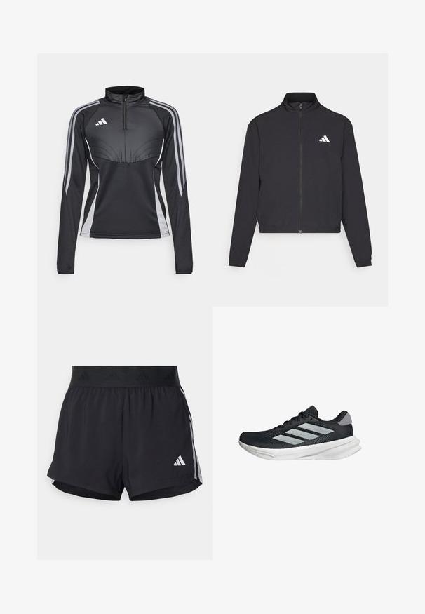 adidas Performance TRAIN ESSENTIALS 3 STRIPES WARM UP - Trainingsjacke - black/white; Schwarzes, sportliches Langarmtop mit Viertelreißverschluss und grauen Akzenten sowie drei Streifen an jedem Arm, das ein sportliches Design und strukturierte Nähte aufweist.; Schwarze Sportshorts mit einem elastischen Bund, ausgestattet mit einem strukturierten Band, seitlichen Streifen und einem weißen Adidas-Logo am unteren Saum.; Schwarzer Laufschuh mit Mesh-Obermaterial, drei silbernen Streifen, weißer Zwischensohle und strukturiertem Außensohle. Verfügt über einen gepolsterten Schaft und eine Schnürung.