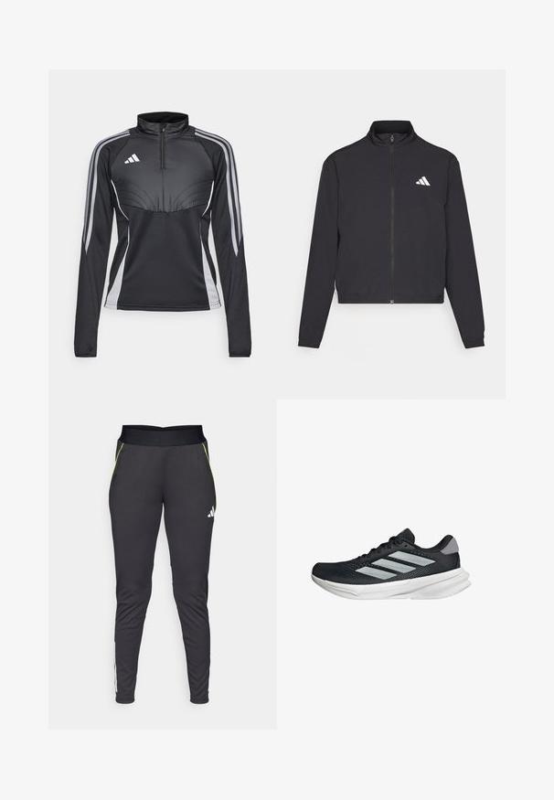 adidas Performance TRAIN ESSENTIALS 3 STRIPES WARM UP - Trainingsjacke - black/white; Schwarzes, sportliches Langarmtop mit Viertelreißverschluss und grauen Akzenten sowie drei Streifen an jedem Arm, das ein sportliches Design und strukturierte Nähte aufweist.; Schwarze Sporthosen aus glattem Stoff. Mit einem breiten Bund, Seitentaschen mit limettengrünen Akzenten und weißer Markenbeschriftung.; Schwarzer Laufschuh mit Mesh-Obermaterial, drei silbernen Streifen, weißer Zwischensohle und strukturiertem Außensohle. Verfügt über einen gepolsterten Schaft und eine Schnürung.