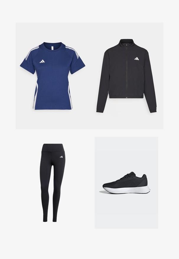 adidas Performance TRAIN ESSENTIALS 3 STRIPES WARM UP - Training jacket - black/white; Navy blue athletic t-shirt with white side stripes and Adidas logo on the chest. Short sleeves and crew neckline. Cotton blend material.; Black leggings made of stretchy material, featuring a high waistband and a small white logo, with a smooth, matte finish.; Black athletic shoes with a breathable mesh upper, white midsole, and sleek, curved design; features laces and a sturdy rubber outsole.