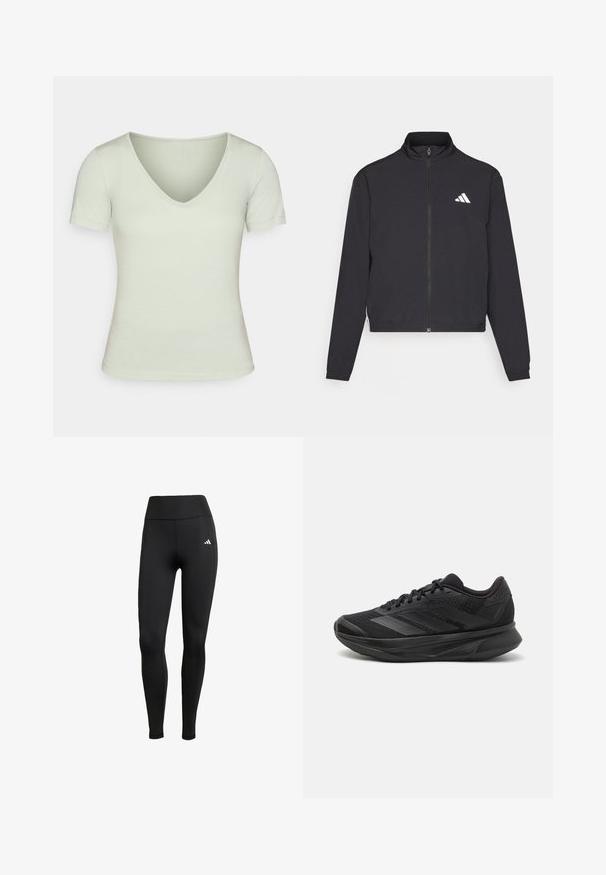 adidas Performance TRAIN ESSENTIALS 3 STRIPES WARM UP - Jakna za treniranje - black/white; Svijetlozelena V-izrez majica s kratkim rukavima, uskih kroja, glatke teksture i minimalnim šavovima. Mekan, ležeran stil.; Crne sportske tajice s visokim strukom. Izrađene od rastezljivog materijala s bijelim logom na gornjoj lijevoj strani.; Crne trkaće tenisice s prozračnom mrežastom gornjom konstrukcijom, zaobljenim prstima, elegantnim dizajnom, teksturiranim detaljima i mekanim potplatom za udobnost.