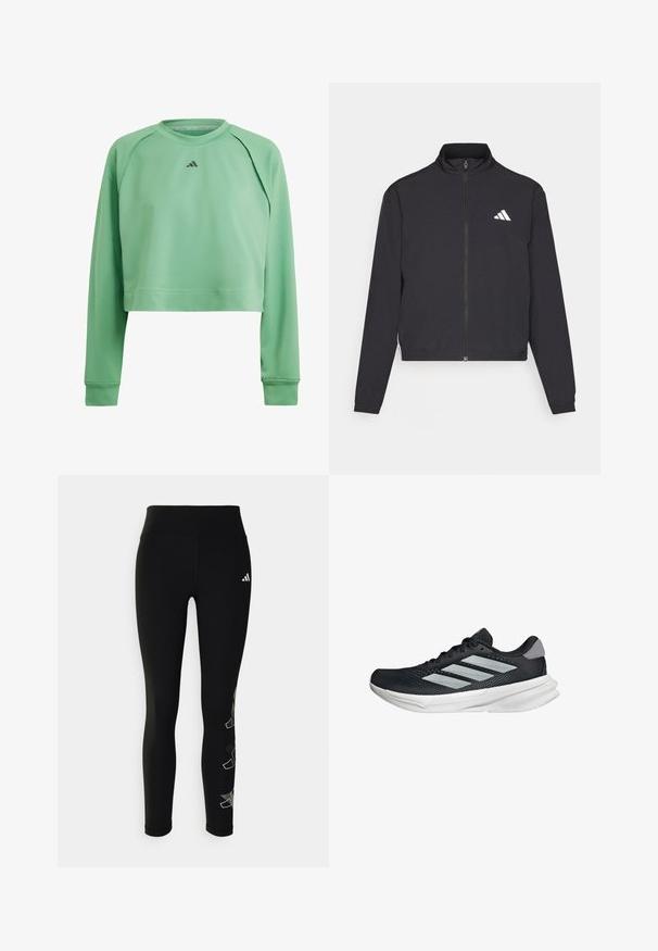 adidas Performance TRAIN ESSENTIALS 3 STRIPES WARM UP - Træningsjakke - black/white; Lys grøn cropped sweatshirt med lange ærmer, rund hals og en subtil Adidas-logo i mørkegrå på brystet. Glat tekstur.; Sorte leggings lavet af strækbart materiale, med høj talje og et reflekterende logo på hoften, samt et geometrisk accentdesign på benet.; Sort løbesko med mesh-overdel, tre sølvstriber, hvid mellemsål og struktureret ydersål. Har polstret krave og snørelukning.