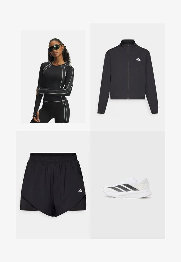 adidas Performance TRAIN ESSENTIALS 3 STRIPES WARM UP - Treniņjaka - black/white; Melnas sporta krekls ar garām piedurknēm, baltajiem akcentu šuvēm un sieta paneļiem, apvienots ar melnām legingām un futuristiskām melnām saulesbrillēm.; Melnas sporta šortus ar slāņotu dizainu, izgatavoti no viegla auduma. Ievērojama elastīga josta un neliels balts logo sānos.; Baltas sporta apavs ar melniem diagonāliem svītrām, sieta augšdaļa, noapaļota purngalu forma un teksturēta zole. Akcenti ietver sudraba papēdi un minimālistisku dizainu.
