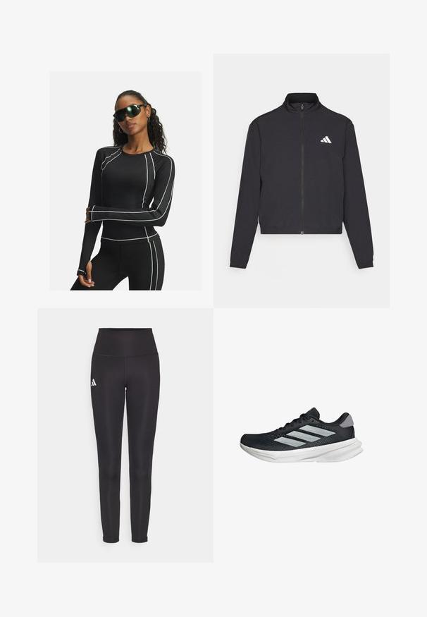 adidas Performance TRAIN ESSENTIALS 3 STRIPES WARM UP - Training jacket - black/white; Black long-sleeve athletic top with white accent seams and mesh panels, paired with black leggings and futuristic black sunglasses.; Black high-waisted leggings made of stretchy fabric. Features a white logo on the left side and sleek, seamless design. Smooth texture.; Black running shoe with mesh upper, three silver stripes, white midsole, and textured outsole. Features padded collar and lace closure.