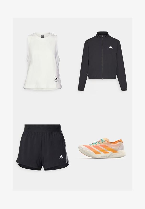 adidas Performance TRAIN ESSENTIALS 3 STRIPES WARM UP - Spordijakk - black/white; Valge ilma varrukateta pluus ümmarguse kaelusega, pehme tekstuuriga ja väike must ümmargune logo alumises vasakus nurgas.; Musta sportlikud lühikesed püksid elastse vöökohtaga, millel on tekstuuriga riba, külgmised triibud ja alumises servas valge Adidas'i logo.; Jooksukingad, millel on segatud disain oranži, virsiku ja valge värviga. Omavad kolme valget triipu ja helesiniseid paelu.