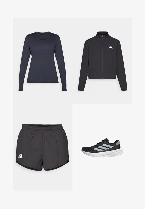 adidas Performance TRAIN ESSENTIALS 3 STRIPES WARM UP - Training jacket - black/white; Navy long-sleeve athletic shirt with a round neckline, made from textured material; features a small white “Salomon” logo on the chest.; Black athletic shorts made of lightweight fabric, featuring an elastic waistband and a white Adidas logo on the lower left side.; Black running shoe with mesh upper, three silver stripes, white midsole, and textured outsole. Features padded collar and lace closure.