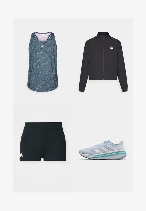 adidas Performance TRAIN ESSENTIALS 3 STRIPES WARM UP - Training jacket - black/white; Sleeveless athletic tank top in dark teal with a wavy, textured pattern. Features a round neckline and a subtle logo at the chest.; Black athletic shorts made of stretchy fabric, featuring a high waistband, fitted shape, and white Adidas logo on the left side.; Light blue athletic shoes with a textured knit upper, white accents, and a transparent green midsole. Rounded toe and padded collar.