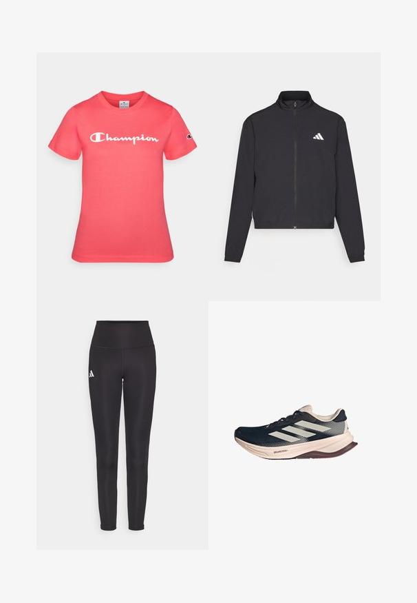 adidas Performance TRAIN ESSENTIALS 3 STRIPES WARM UP - Trainingsvest - black/white; Korte mouwen t-shirt in fel koraal, gemaakt van katoen, met een witte "Champion" logo op de borst en een embleem op de mouw.; Zwarte high-waisted leggings van rekbaar materiaal. Heeft een wit logo aan de linkerkant en een stijlvolle, naadloze uitstraling. Soepele textuur.; Hardloopschoen met een donkerblauwe mesh bovenkant, lichtbeige zool en een witte drie-strepen ontwerp. Heeft een strakke, aerodynamische vorm en textuuraccenten.