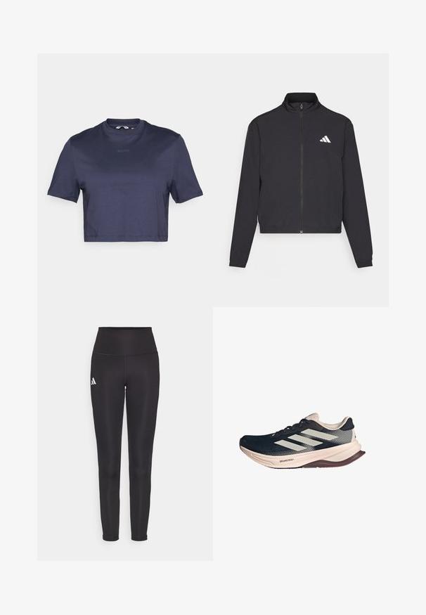adidas Performance TRAIN ESSENTIALS 3 STRIPES WARM UP - Jakna za treniranje - black/white; Tamno plavi skraćeni majica s glatkim materijalom, okruglim izrezom i kratkim rukavima. Na prednjoj strani suptilno je ispisan natpis "BORG".; Crne tajice visokog struka napravljene od rastezljivog materijala. Imaju bijeli logo s lijeve strane i elegantan, bezšavni dizajn. Glatka tekstura.; Tenisice za trčanje s tamnoplavom mrežastom gornjom partijom, svijetlosmešnim đonom i bijelim trostrukim prugama. Odlikuju se elegantnim, aerodinamičnim oblikom i teksturiranim detaljima.