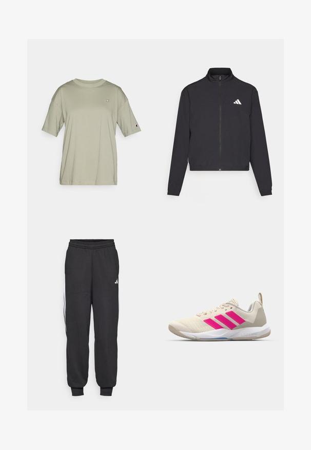 adidas Performance TRAIN ESSENTIALS 3 STRIPES WARM UP - Spordijakk - black/white; Lühem varrukatega t-särk helesinises oliivirohelises puuvillas, millel on ümar kaelus ja väike logo rinnal ning varrukal. Sile tekstuur.; Mustad mustarispüksid elastse vöökohtaga, kitsenevate pahklöövidega ja valgete külgribadega. Valmistatud pehmest kangast, millel on sile tekstuur.; Beige spordijalanõud roosa kolme triibu logoga, tekstureeritud võrkkangas peal, polsterdatud sääreosa ja valge kummist tallaga, kus on "LIGHTSTRIKE" bränd.