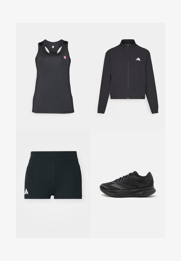 adidas Performance TRAIN ESSENTIALS 3 STRIPES WARM UP - Tréningová bunda - black/white; Čierny top na ramienka vyrobený z hladkého, elastického materiálu. Má pretekársky strih s malým ružovým logom na hornej ľavej časti.; Čierne atletické šortky vyrobené z elastického materiálu, s vysokým pásom, priliehavým strihom a bielym logom Adidas na ľavej strane.; Čierna bežecká obuv s priedušným sieťovaným zvrškom, zaoblenou špičkou, štíhlym dizajnom, štruktúrovanými akcentmi a polstrovanou podrážkou pre pohodlie.