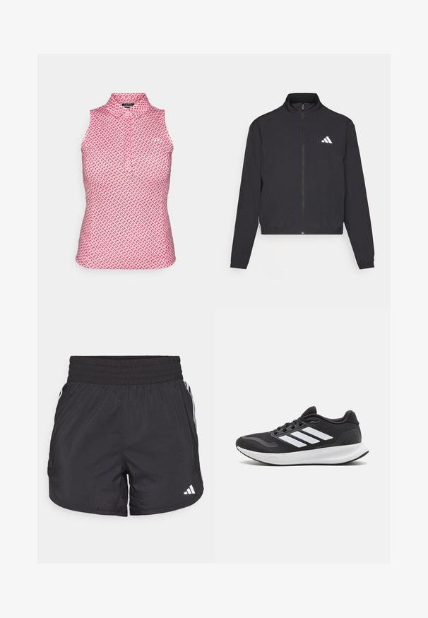 adidas Performance TRAIN ESSENTIALS 3 STRIPES WARM UP - Treningsjakke - black/white; Ermeløs polo-topp i rosa med geometrisk mønster. Den har høy hals og en kvart glidelås foran. Glatt, lett stoff.; Svarte treningsshorts med elastisk midje, sidelommer og hvite stripeaksenter på sidene. Laget av lett materiale.; Sorte atletiske sko med mesh overdel, rund tå og tre hvite striper på siden. Lett såle med teksturert gummisåle for godt grep.