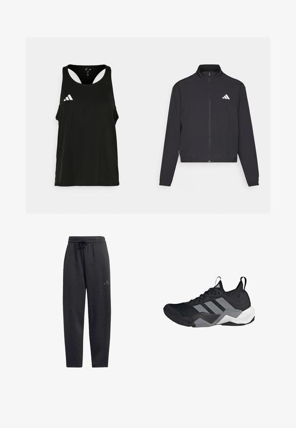 adidas Performance TRAIN ESSENTIALS 3 STRIPES WARM UP - Träningsjacka - black/white; Svart sportig linne med rund halsringning och öppen ryggdesign. Har en vit Adidas-logotyp på vänster bröstområde. Mjuk, lättviktig tyg.; Svarta sweatpants i mjukt tyg, med elastisk midja och dragsko, raka ben och en diskret logotyp på låret.; Svart löparskor med ett ventilerande nätöverdela, grå accenter, strukturerad sula och tre distinkta ränder på sidan.