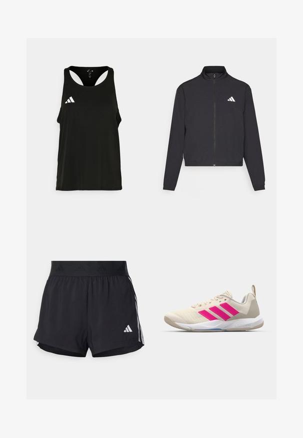 adidas Performance TRAIN ESSENTIALS 3 STRIPES WARM UP - Sportinė striukė - black/white; Juodas sportinis marškinėlis be rankovių su apvalia iškirpte ir atvira nugara. Kairėje krūtinės pusėje yra baltas Adidas logo. Minkšta, lengva medžiaga.; Juodos sportinės šortai su elastinga juosta, su tekstūruota juosta, šoninėmis juostelėmis ir baltu Adidas logotipu apatinėje dalyje.; Bežiniai sportiniai bateliai su rožinėmis trimis juostomis, tekstūruota tinklelio viršutinė dalis, paminkštinta apykaklė ir balta guma neslystančia padu, turintys "LIGHTSTRIKE" prekės ženklą.