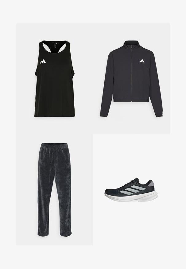 adidas Performance ESSENTIALS 3 STRIPES czarny; Czarny sportowy top na ramiączkach z okrągłym dekoltem i otwartym tyłem. Zawiera białe logo Adidas na lewej piersi. Miękka, lekkka tkanina.; Szare, miękkie spodnie z weluru o luźnym kroju, z elastycznym paskiem w talii i subtelnymi bocznymi paskami. Mały akcent logo na górnej części nogawki.; Czarny but biegowy z siateczkowym wierzchem, trzema srebrnymi paskami, białą podeszwą środkową i teksturowaną podeszwą zewnętrzną. Posiada wyściełany kołnierz i zapięcie na sznurówki.
