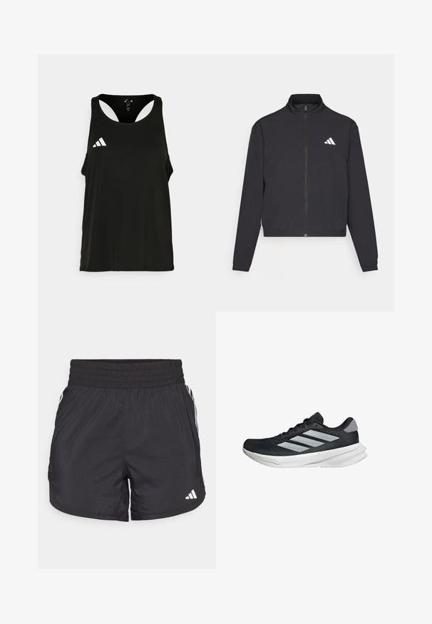 adidas Performance TRAIN ESSENTIALS 3 STRIPES WARM UP - Trainingsjacke - black/white; Schwarzes sportliches Tanktop mit rundem Halsausschnitt und offenem Rückendesign. Mit einem weißen Adidas-Logo auf der linken Brustseite. Weicher, leichter Stoff.; Schwarze Sportshorts mit elastischem Bund, seitlichen Taschen und weißen Streifenakzenten an den Seiten. Hergestellt aus leichtem Material.; Schwarzer Laufschuh mit Mesh-Obermaterial, drei silbernen Streifen, weißer Zwischensohle und strukturiertem Außensohle. Verfügt über einen gepolsterten Schaft und eine Schnürung.