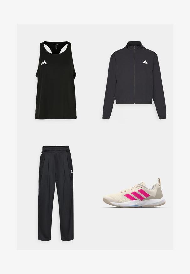 adidas Performance TRAIN ESSENTIALS 3 STRIPES WARM UP - Treniņjaka - black/white; Melna sporta topiņa ar apaļu kakla izgriezumu un atvērtu aizmuguri. Uz kreisā krūts rajona izcelts balts Adidas logo. Mīksts, viegls audums.; Melnas sporta bikses ar krokojumu, elastīgu jostasvietu un sānu svītrām. Izgatavotas no gludas auduma, ar baltu Adidas logotipu.; Beige sporta apavi ar rozā trīs svītru logotipu, strukturētu acu augšdaļu, mīkstu apkaklīti un balto gumijas zoli, ar "LIGHTSTRIKE" zīmolu.