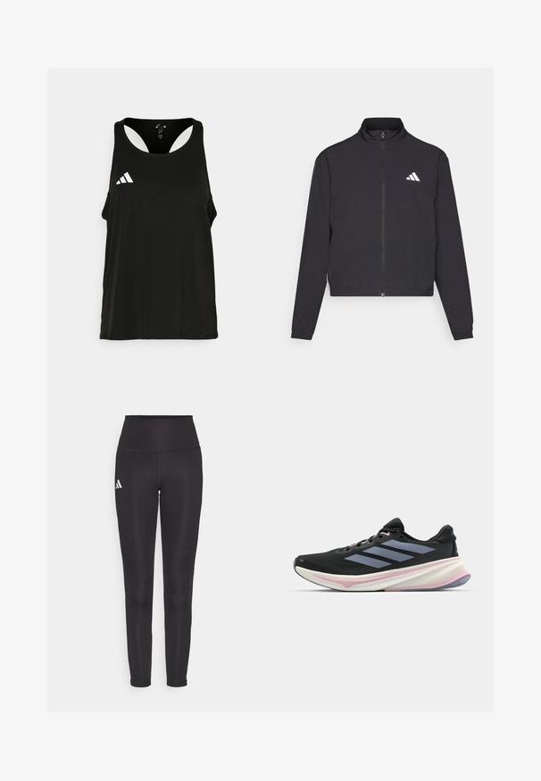 adidas Performance ESSENTIALS 3 STRIPES czarny; Czarny sportowy top na ramiączkach z okrągłym dekoltem i otwartym tyłem. Zawiera białe logo Adidas na lewej piersi. Miękka, lekkka tkanina.; Czarne legginsy o wysokim stanie, wykonane z elastycznej tkaniny. Posiadają białe logo po lewej stronie oraz elegancki, bezszwowy design. Gładka tekstura.; Czarny but biegowy z siateczkową cholewką, jasnofioletowymi akcentami i trzema poziomymi szarymi paskami. Posiada wyściełaną podeszwę dla komfortu.