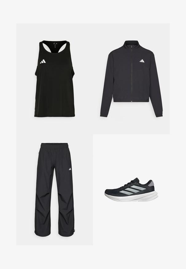 adidas Performance TRAIN ESSENTIALS 3 STRIPES WARM UP - Training jacket - black/white; Black athletic tank top with a round neckline and open back design. Features a white Adidas logo on the left chest area. Soft, lightweight fabric.; Black, lightweight, waterproof pants with an elastic waistband, side pockets, and adjustable cuffs. Features a white logo on the left thigh.; Black running shoe with mesh upper, three silver stripes, white midsole, and textured outsole. Features padded collar and lace closure.