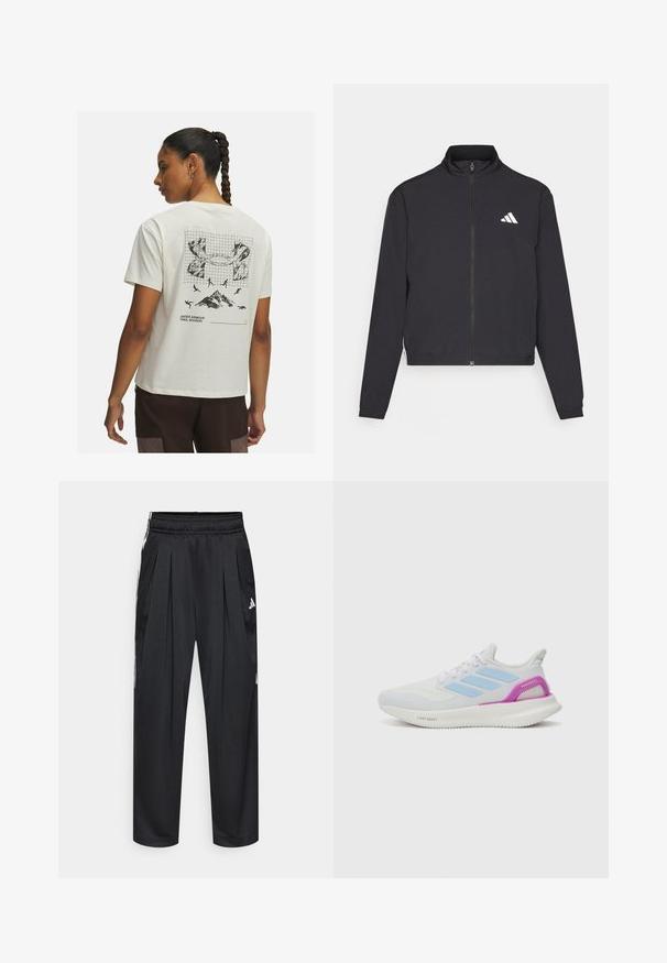 adidas Performance TRAIN ESSENTIALS 3 STRIPES WARM UP - Sportinė striukė - black/white; Under Armour TRAIL RUN GRAPHIC - Sportiniai marškinėliai trumpomis rankovėmis - stone; Juodos sportinės kelnės su klostėmis, elastinga juosmens juosta ir šoninėmis juostelėmis. Pagamintos iš lygaus audinio, su baltu „Adidas“ logotipu.; adidas Performance PUREBOOST 5 - Bėgimo batai plentui - white/glow blue/purple burst