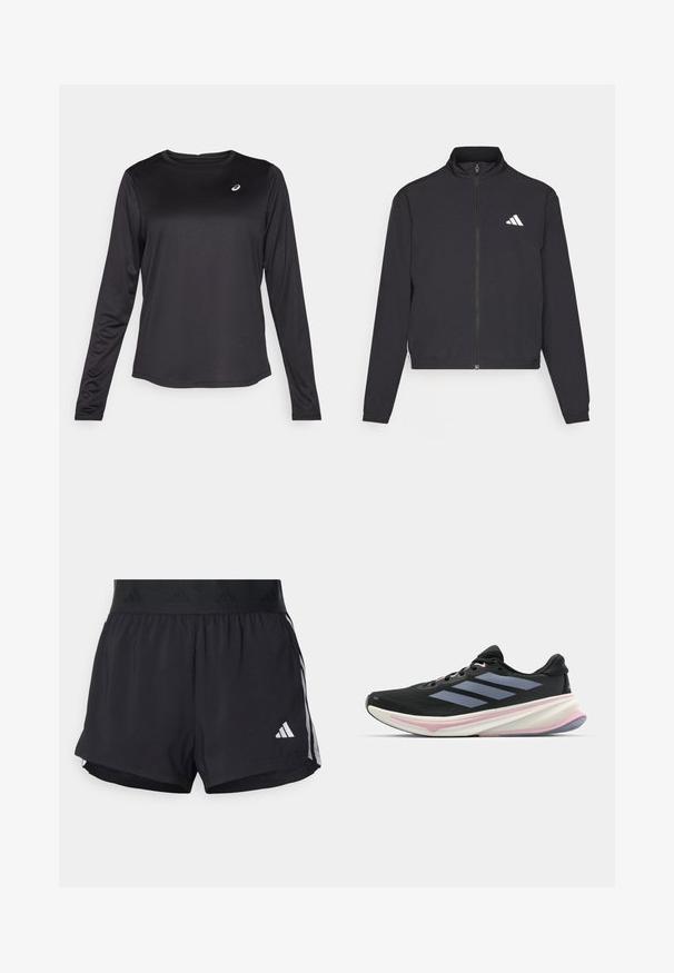 adidas Performance TRAIN ESSENTIALS 3 STRIPES WARM UP - Träningsjacka - black/white; Svart långärmad träningsskjorta i lättviktsmaterial. Har rund halsringning och en liten logotyp på bröstet. Slät textur.; Svarta sportshorts med elastisk midja, som har en texturerad rem, sidostråk och en vit Adidas-logotyp på den nedre fållen.; Svart löparskor med nätöverdel, ljuslila detaljer och tre horisontella grå ränder. Har en dämpad sula för komfort.