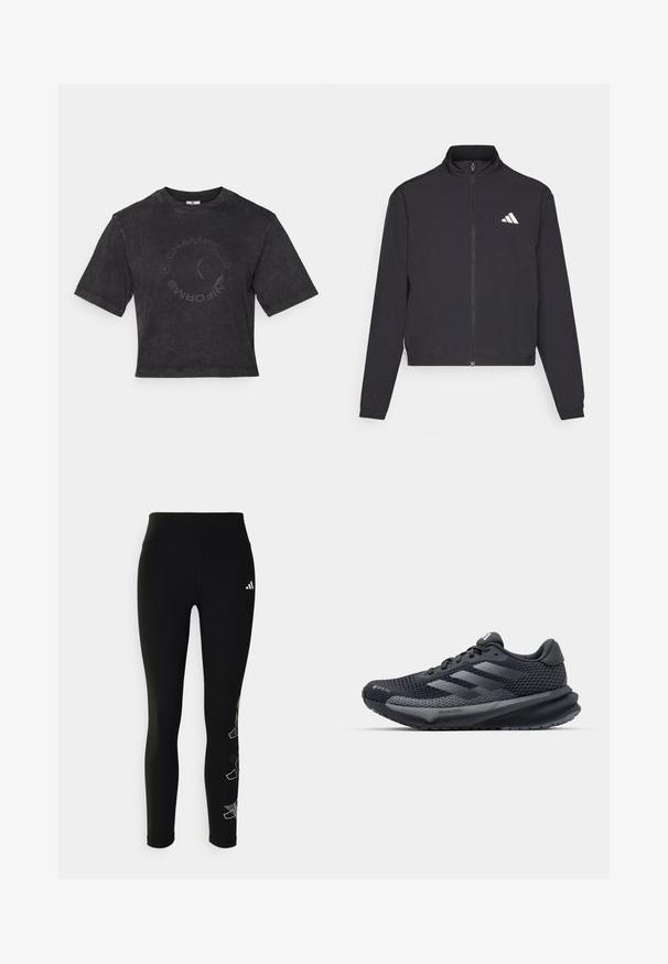 adidas Performance TRAIN ESSENTIALS 3 STRIPES WARM UP - Træningsjakke - black/white; Sort cropped t-shirt i blødt bomuld med rund halsudskæring. Har et subtilt cirkulært "CHAMPIONS" print på forsiden og korte ærmer.; Sorte leggings lavet af strækbart materiale, med høj talje og et reflekterende logo på hoften, samt et geometrisk accentdesign på benet.; Sort sportsko med en struktureret mesh-overdel, refleksaccenter, polstret sål og et strømlinet design. Har tre-stribe logo.