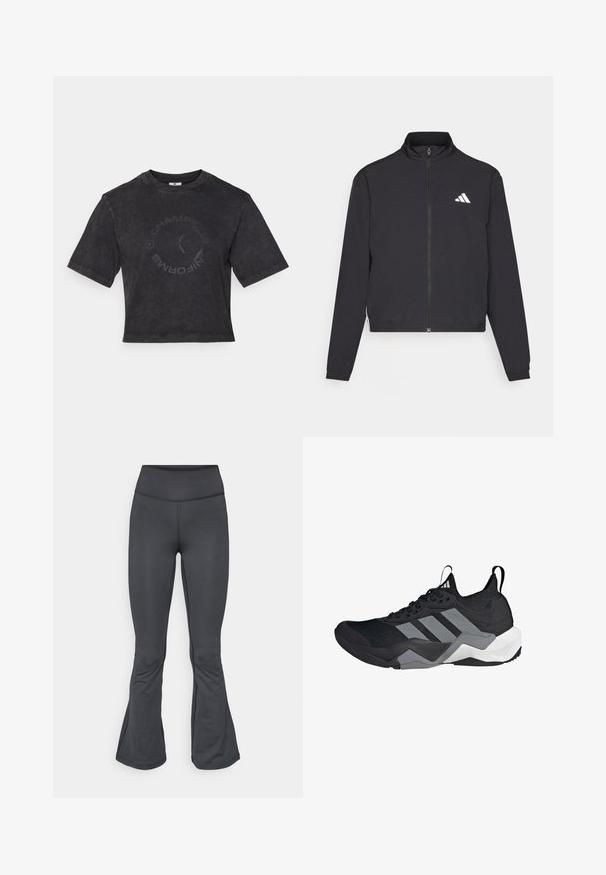 adidas Performance ESSENTIALS 3 STRIPES czarny; Czarny krótki t-shirt z miękkiej bawełny z okrągłym dekoltem. Posiada subtelny okrągły nadruk "CHAMPIONS" z przodu oraz krótkie rękawy.; Szare legginsy z rozkloszowanym dołem, wykonane z gładkiego, elastycznego materiału, posiadające wysoki stan i bezszwową konstrukcję.; Czarny but sportowy z oddychającą siateczką, szarymi akcentami, teksturowaną podeszwą i trzema charakterystycznymi paskami po boku.