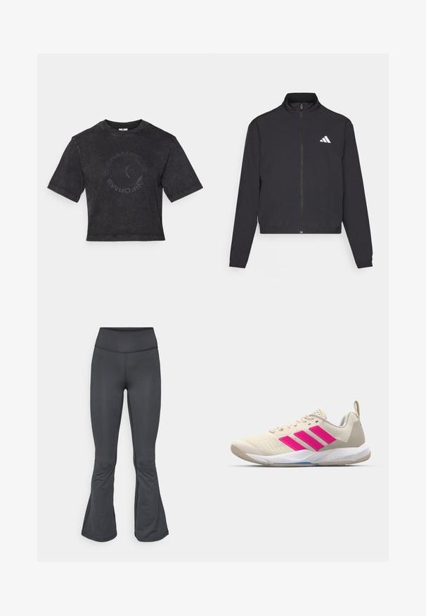 adidas Performance TRAIN ESSENTIALS 3 STRIPES WARM UP - Træningsjakke - black/white; Sort cropped t-shirt i blødt bomuld med rund halsudskæring. Har et subtilt cirkulært "CHAMPIONS" print på forsiden og korte ærmer.; Grå leggings med en flagrende bunddesign, lavet af glat, strækbart materiale, med høj talje og sømfri konstruktion.; Beige sportsko med pink tre-stribede logo, tekstureret mesh overdel, polstret krave og hvid gummisål, med "LIGHTSTRIKE" branding.