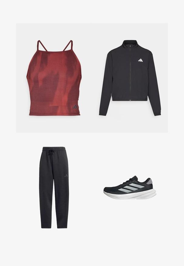 adidas Performance TRAIN ESSENTIALS 3 STRIPES WARM UP - Training jacket - black/white; Red, textured athletic cropped tank top with thin straps and a subtle pattern. Features a small black logo on the lower right side.; Black sweatpants made of soft fabric, featuring an elastic waistband with a drawstring, straight legs, and a discreet logo on the thigh.; Black running shoe with mesh upper, three silver stripes, white midsole, and textured outsole. Features padded collar and lace closure.