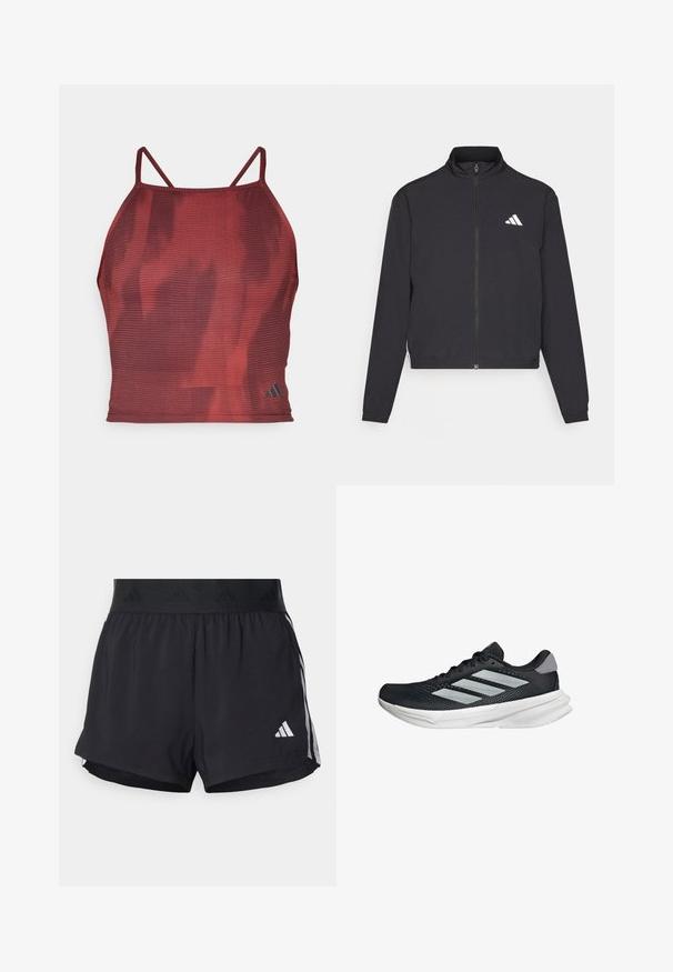 adidas Performance TRAIN ESSENTIALS 3 STRIPES WARM UP - Training jacket - black/white; Red, textured athletic cropped tank top with thin straps and a subtle pattern. Features a small black logo on the lower right side.; Black athletic shorts with an elastic waistband, featuring a textured band, side stripes, and a white Adidas logo on the lower hem.; Black running shoe with mesh upper, three silver stripes, white midsole, and textured outsole. Features padded collar and lace closure.