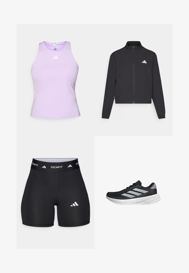adidas Performance TRAIN ESSENTIALS 3 STRIPES WARM UP - Training jacket - black/white; Lilac athletic tank top made of smooth fabric with a fitted design, featuring a crew neck and a white Adidas logo on the chest.; Black shorts made from stretchy fabric with a fitted design. Features a wide black waistband labeled "TECHFIT" and a white logo on the leg.; Black running shoe with mesh upper, three silver stripes, white midsole, and textured outsole. Features padded collar and lace closure.