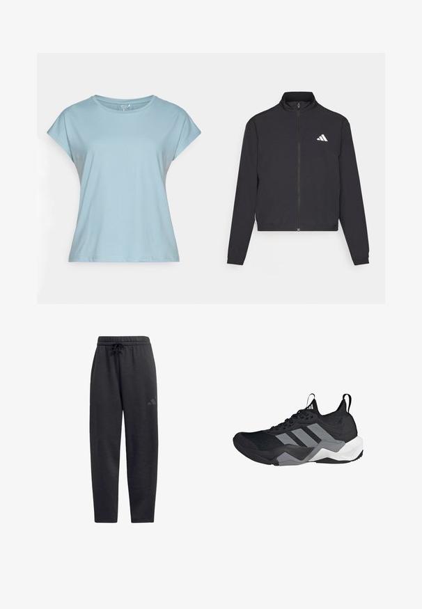 adidas Performance TRAIN ESSENTIALS 3 STRIPES WARM UP - Verryttelytakki - black/white; Vaaleansininen lyhythihainen t-paita, joka on valmistettu pehmeästä kankaasta. Ominaisuuksiin kuuluu pyöreä pääntie, rento malli ja ommellut reunat. Ei kuvioita tai koristeluja.; Mustat collegehousut pehmeästä kankaasta, joissa on elastinen vyötärönauha ja nauhakuulokkeet, suorat lahkeet ja huomaamaton logo reidessä.; Musta urheilukenkä, jossa on hengittävä verkko-yläosa, harmaat yksityiskohdat, teksturoitu pohja ja kolme erottuvaa raitaa sivussa.