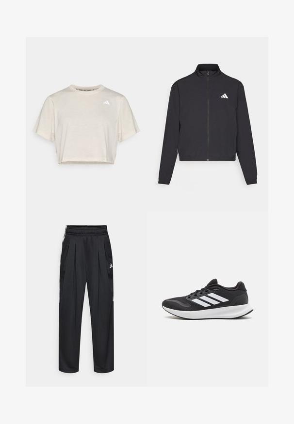 adidas Performance TRAIN ESSENTIALS 3 STRIPES WARM UP - Bluză de trening - black/white; Tricou scurt crop din amestec de bumbac crem deschis, cu un mic logo negru pe piept. Textură moale și guler rotund.; Pantaloni sportivi negri cu pliuri, talie elastică și dungi laterale. Confecționați dintr-un material neted, având logo-ul Adidas alb.; Pantof black sport cu superior din plasă, vârf rotund și trei dungi albe pe lateral. Tălpic ușor cu talpă din cauciuc texturat pentru aderență.