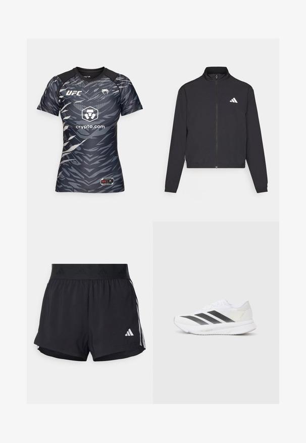adidas Performance TRAIN ESSENTIALS 3 STRIPES WARM UP - Bluză de trening - black/white; Tricou UFC cu mânecă scurtă, ajustat, în gri închis, cu un model în dungi de tigru, având un logo pe piept și umeri negri în contrast.; Shorts de atletism negri cu un brâu elastic, având o bandă texturată, dungi laterale și un logo alb Adidas pe tivul de jos.; Săptămână albă de sport cu dungi diagonale negre, partea superioară din plasă, vârf rotunjit și talpă texturată. Accentele includ un toc argintiu și un design minimalism.