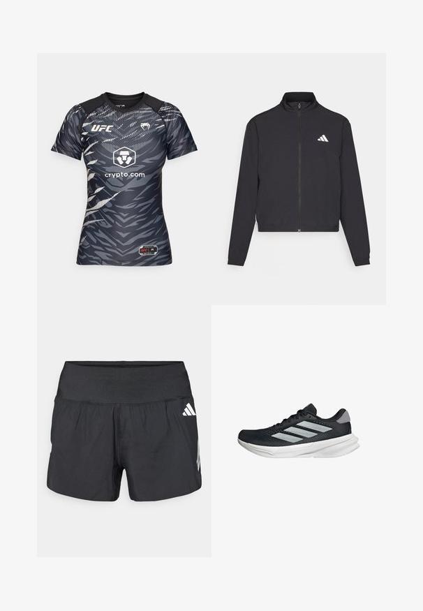 adidas Performance TRAIN ESSENTIALS 3 STRIPES WARM UP - Jakna za treniranje - black/white; Majica kratkih rukava, prilagođena tijelu, UFC u tamno sivoj boji s uzorkom tigrovih pruga, s logotipom na prsima i kontrastnim crnim ramenima.; Crne sportske kratke hlače s širokim elastičnim pojasom, laganom tkaninom i bijelim logotipom na donjoj strani.; Crne trkačke tenisice s mrežastim gornjim dijelom, tri srebrne pruge, bijeli srednji sloj i teksturirani potplat. Sadrži podstavljeni ovratnik i zatvaranje s vezicama.