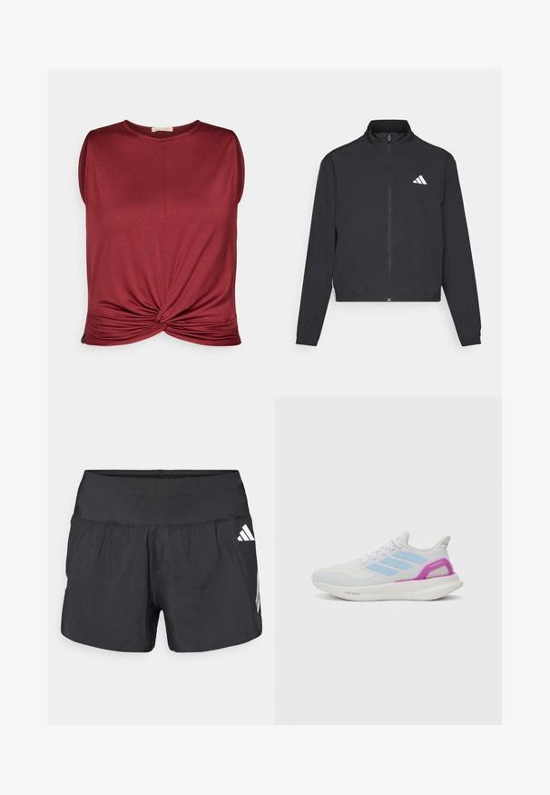 adidas Performance TRAIN ESSENTIALS 3 STRIPES WARM UP - Veste de survêtement - black/white; Haut sans manches bordeaux avec un col rond et un nœud tordu à l'avant. Fabriqué en matériau doux avec une texture lisse.; Shorts athlétiques noirs avec une large ceinture élastique, un tissu léger et des accents de logo blanc sur le bas côté.; adidas Performance PUREBOOST 5 - Chaussures de running sur route - white/glow blue/purple burst