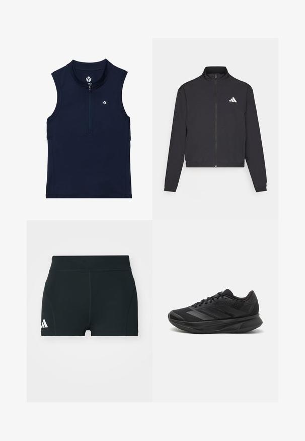 adidas Performance TRAIN ESSENTIALS 3 STRIPES WARM UP - Jakna za treniranje - black/white; Mornarička bezrukavna sportska majica izrađena od rastezljivog materijala, s prednjim patentnim zatvaračem, zaobljenim ovratnikom i malim logotipom na prsima.; Crne atletske kratke hlače od rastezljivog materijala, s visokim strukom, prilagođenim oblikom i bijelim Adidas logotipom sa lijeve strane.; Crne trkaće tenisice s prozračnom mrežastom gornjom konstrukcijom, zaobljenim prstima, elegantnim dizajnom, teksturiranim detaljima i mekanim potplatom za udobnost.