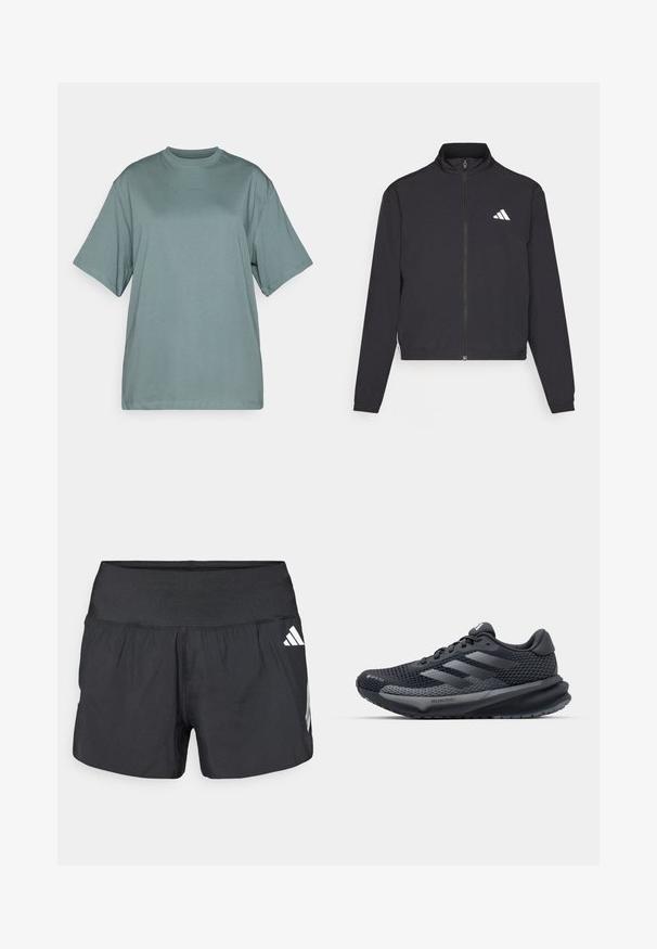 adidas Performance TRAIN ESSENTIALS 3 STRIPES WARM UP - Träningsjacka - black/white; Ljust grön oversized t-shirt i bomull, med rund halsringning och korta ärmar. Subtil "BORG"-logotyp i en matchande nyans.; Svarta sportshorts med bred resår i midjan, lättviktstyg och vita logodetaljer på nedre sidan.; Svart sportskor med ett texturerat mesh-ovandel, reflexdetaljer, dämpad sula och en strömlinjeformad design. Har tre randigt logotyp.
