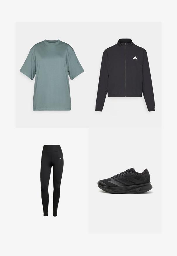 adidas Performance TRAIN ESSENTIALS 3 STRIPES WARM UP - Casaco de treino - black/white; T-shirt oversized verde-claro em algodão, com decote redondo e mangas curtas. Logo "BORG" subtil na mesma tonalidade.; Leggings atléticos pretos com uma cintura alta. Feitos de um tecido elástico com um detalhe do logótipo branco no lado superior esquerdo.; Sapatilha de corrida preta com parte superior em malha respirável, bico arredondado, design elegante, detalhes texturizados e sola acolchoada para conforto.