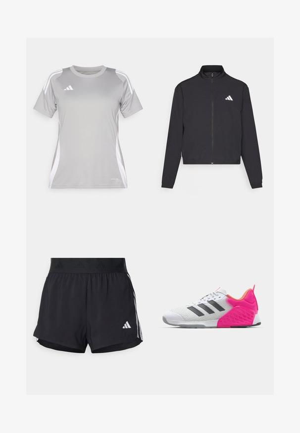 adidas Performance TRAIN ESSENTIALS 3 STRIPES WARM UP - Casaco de treino - black/white; Camisola desportiva cinza de mangas curtas feita de tecido que absorve a humidade, com detalhes brancos e design de três riscas nos ombros. Apresenta o logo "AEROREADY".; Calções de atletismo pretos com um cós elástico, apresentando uma faixa texturizada, riscas laterais e um logo branco da Adidas na bainha inferior.; Sapatilha desportiva branca com riscas cinzentas, parte superior em malha e calcanhar e detalhes cor-de-rosa. Apresenta um calcanhar texturizado e sola de borracha. Cadarços e colarinho acolchoado.
