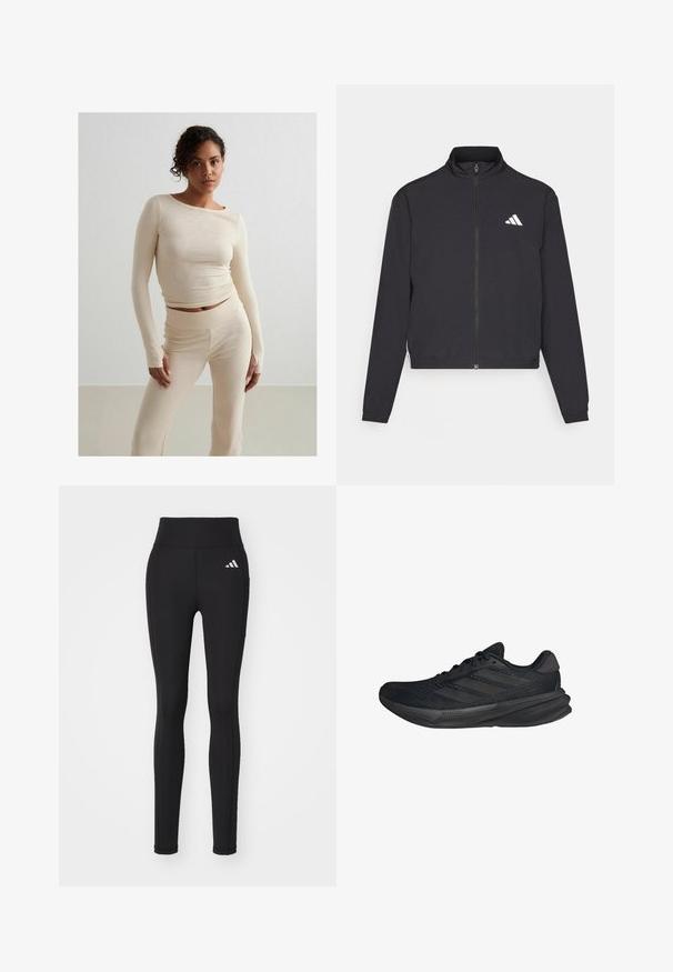 adidas Performance TRAIN ESSENTIALS 3 STRIPES WARM UP - Sportovní bunda - black/white; Beige proužkovaný top s dlouhým rukávem a odpovídající kalhoty s vysokým pasem, jemná textura, přiléhavý design, minimalistický styl, s jemnými švy.; Černé sportovní legíny s vysokým pasem, vyrobené z elastického materiálu. Obsahují bílé logo na kyčli a jednobarevný design po celém povrchu.; Černé sportovní boty s síťovaným svrškem, aerodynamickým tvarem, plochou podrážkou a třemi šikmými pruhy na boku. Lehký design pro pohodlí.