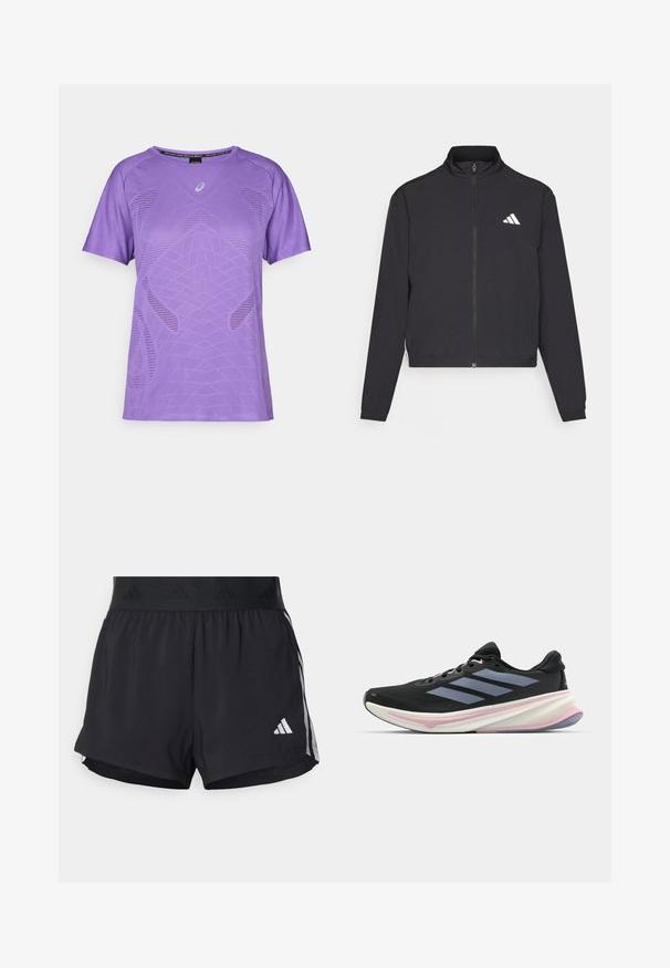 adidas Performance TRAIN ESSENTIALS 3 STRIPES WARM UP - Bluză de trening - black/white; Tricou sportiv purpuriu dintr-un material ușor. Are panouri din plasă și un model geometric. Mâneci scurte și decolteu rotund.; Shorts de atletism negri cu un brâu elastic, având o bandă texturată, dungi laterale și un logo alb Adidas pe tivul de jos.; Adidași negri pentru alergare cu un superior din plasă, accente violet deschis și trei dungi orizontale gri. Prezintă o talpă căptușită pentru confort.
