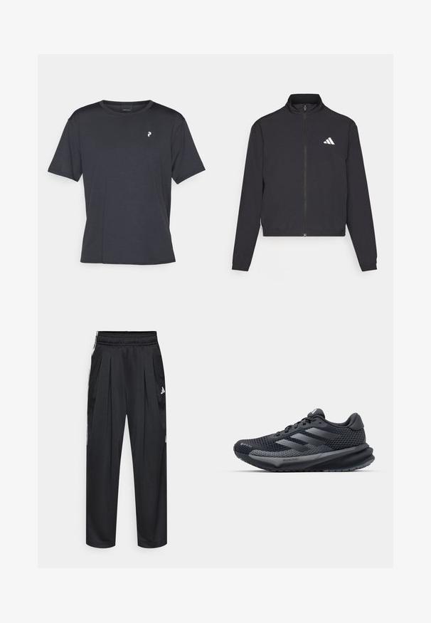 adidas Performance TRAIN ESSENTIALS 3 STRIPES WARM UP - Training jacket - black/white; Black short-sleeve t-shirt made of smooth fabric. Features a round neckline and a small logo in white on the left chest area.; Black athletic pants with pleats, elastic waistband, and side stripes. Made from smooth fabric, featuring the Adidas logo in white.; Black athletic shoe with a textured mesh upper, reflective accents, cushioned sole, and a streamlined design. Features three stripe logo.