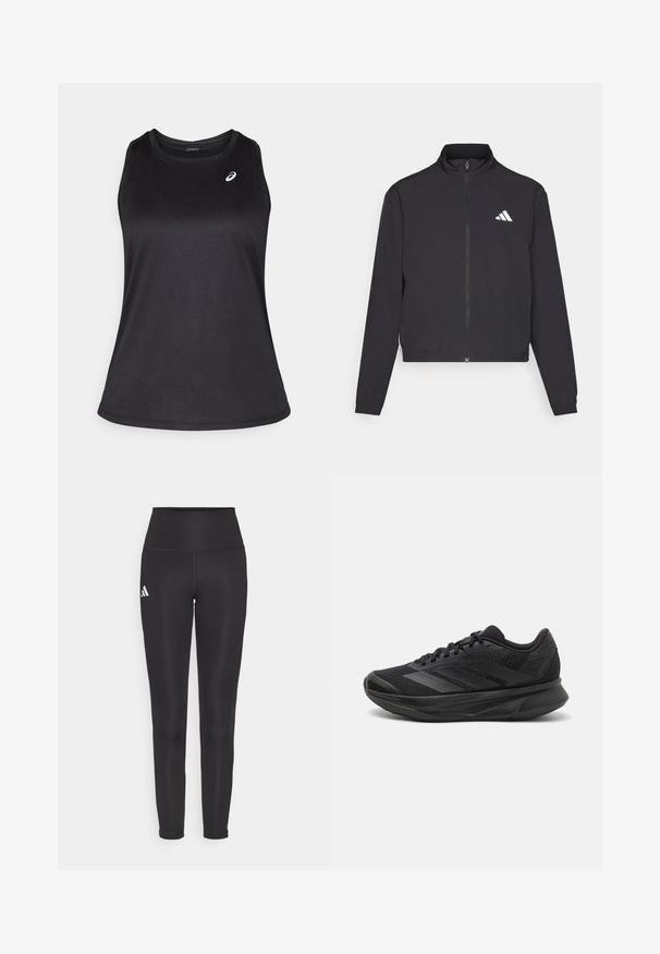 adidas Performance TRAIN ESSENTIALS 3 STRIPES WARM UP - Training jacket - black/white; Black athletic tank top made of lightweight, breathable fabric. Features a round neckline and a subtle logo on the upper left side.; Black high-waisted leggings made of stretchy fabric. Features a white logo on the left side and sleek, seamless design. Smooth texture.; Black running shoe with a breathable mesh upper, rounded toe, sleek design, textured accents, and a cushioned sole for comfort.
