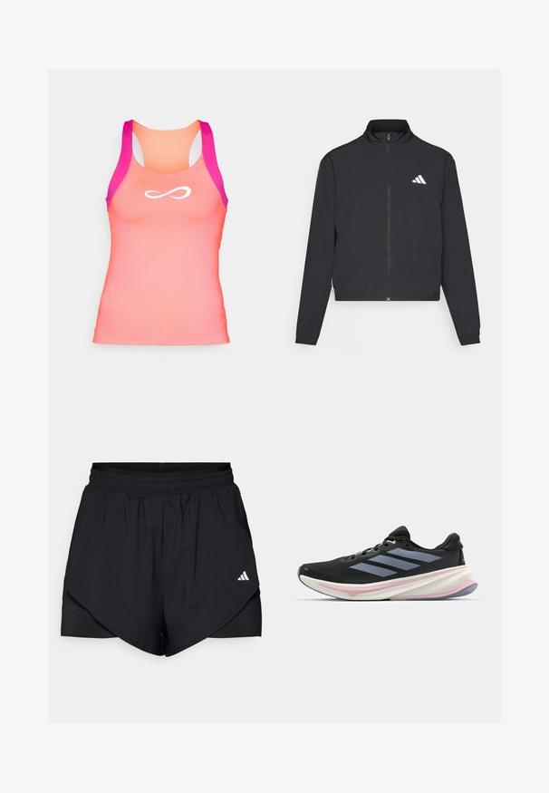 adidas Performance TRAIN ESSENTIALS 3 STRIPES WARM UP - Chaqueta de entrenamiento - black/white; Camiseta sin mangas de estilo racerback en tonos degradados de coral y rosa, con una textura suave y elástica. Presenta un logo infinito blanco en la parte frontal.; Pantalones cortos atléticos negros con un diseño en capas, confeccionados en tela ligera. Presentan una cintura elástica y un pequeño logo blanco en el costado.; Zapatillas deportivas negras con parte superior de malla, con rayas grises, una entresuela blanca con acentos rosas y una suela exterior texturizada.